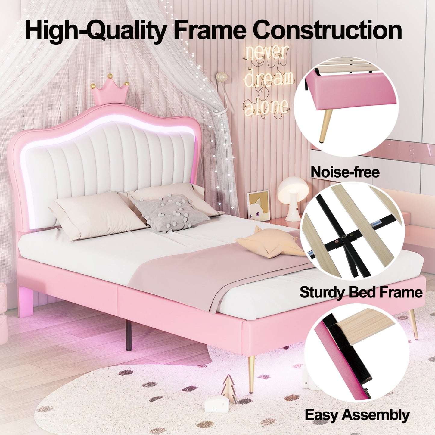 Full Size Upholstered Bed Frame With LED Lights & Crown Headboard
