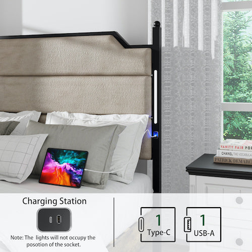 Queen Size Bed Frame With Upholstered Headboard , Queen Bed Frame With Charging Station And LED Lights, Wood Slats, Easy Assembly,No Box Spring Needed,Industrial Brown