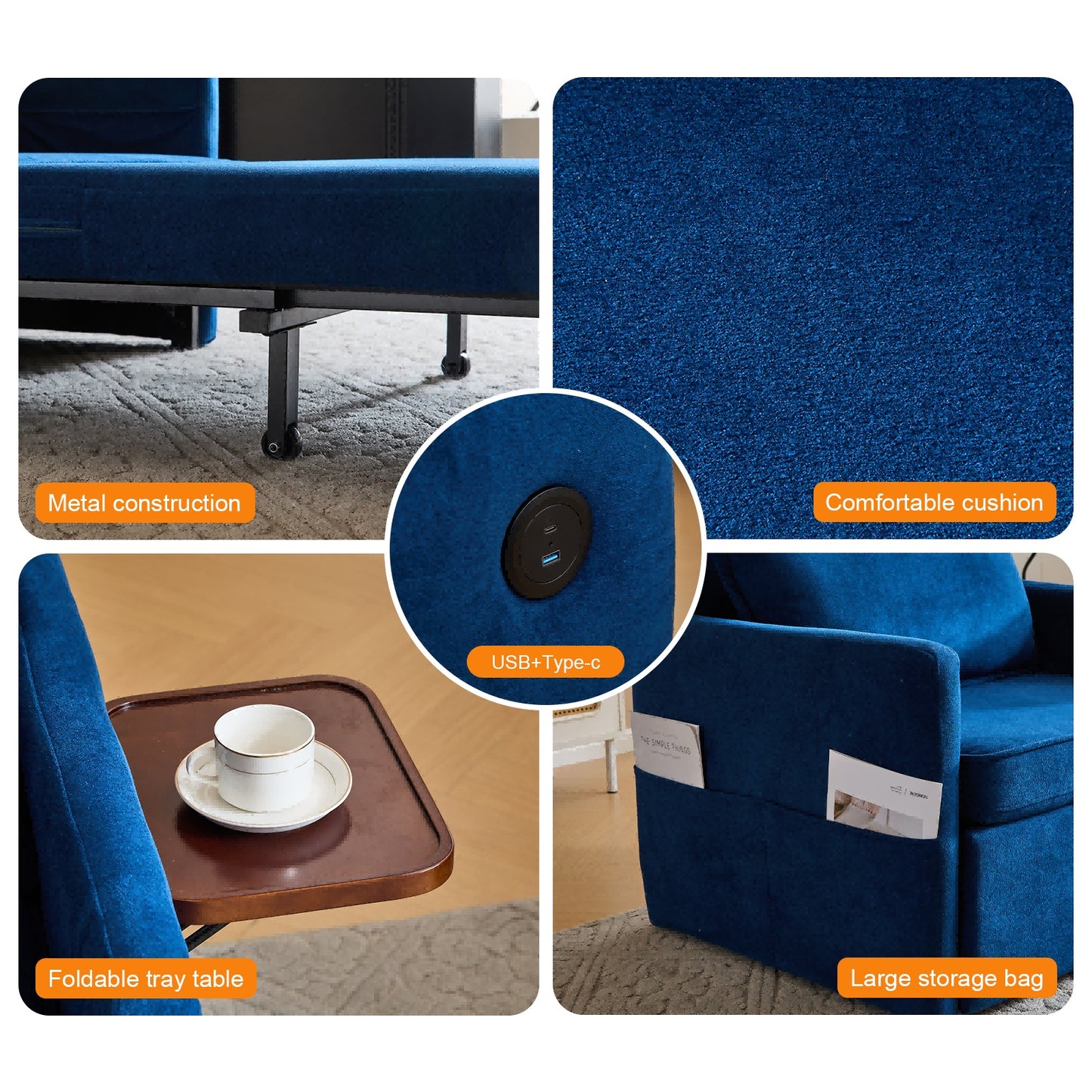 Adult Sleeper Chair Bed, 3-in-1 Convertible Sofa Chair Bed Pull-out Sofa Bed, Convenient Folding Tray Table With USB And Type-C Charging Ports For Living Room Cannot Be Sold On Temu