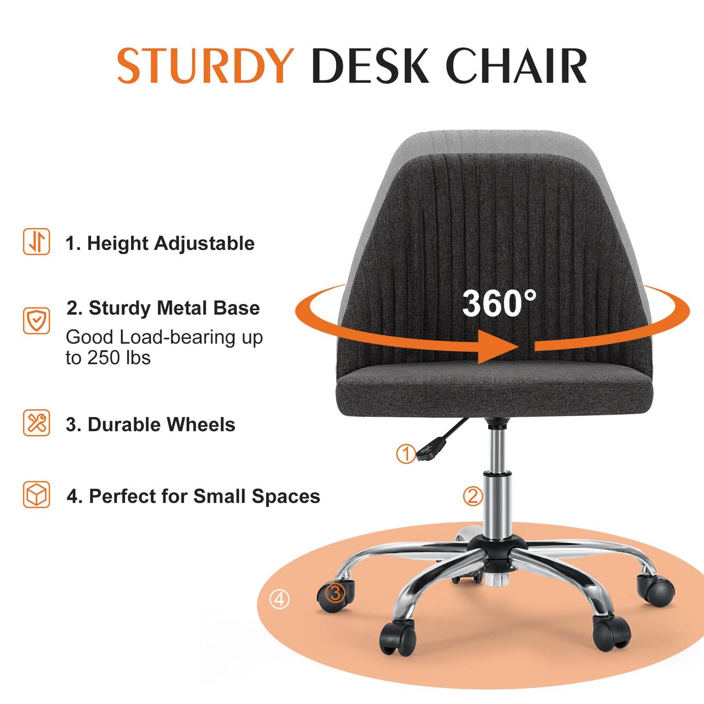 Home Office Desk Chair - Adjustable Rolling Chair, Armless Cute Modern Task Chair for