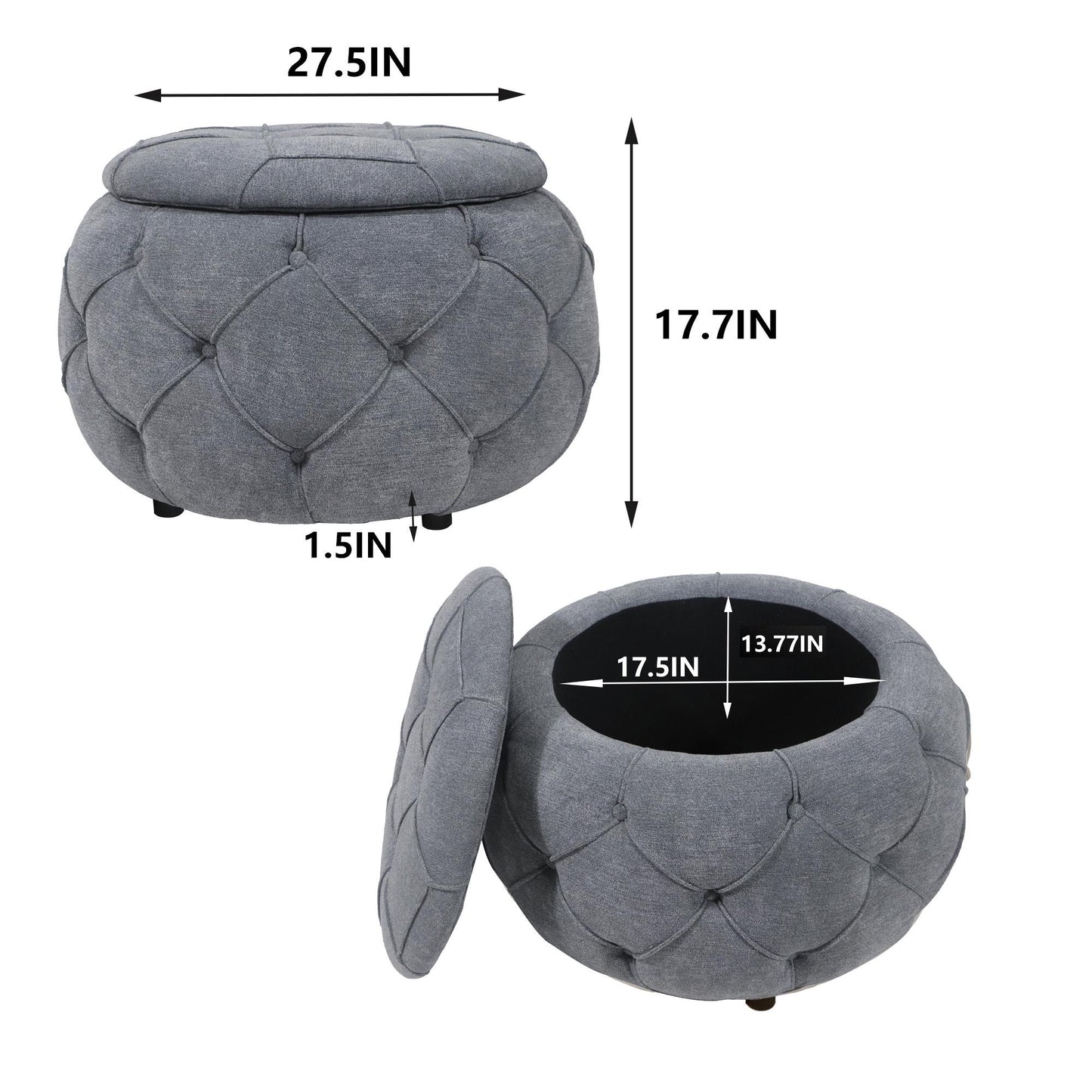 Large Button Tufted Woven Round Storage Footstool。Suitable for living room, bedroom, study