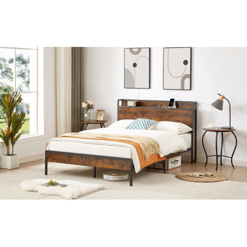 Bed Frame With Charging Station Full Size, Rustic Brown