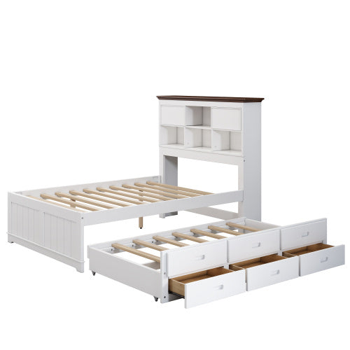 Solid Pine Captain Bookcase Bed With Trundle Bed And 3 Spacious Under Bed Drawers In Casual,Full, White Walnut