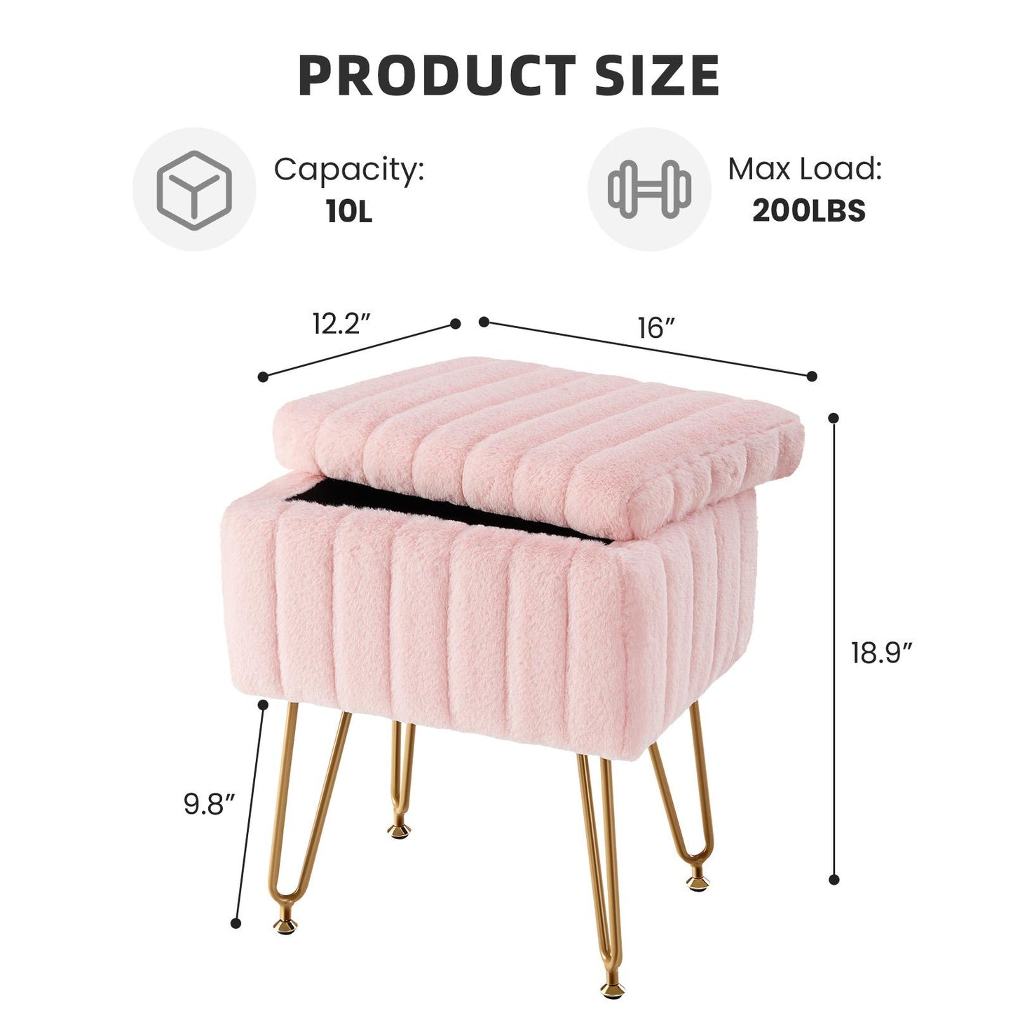 Vanity Stool Chair with Storage, Ottoman Faux Fur Soft Padded Makeup Footstools Seat with 4 Metal Legs Anti-Slip Adjustable Feet Modern