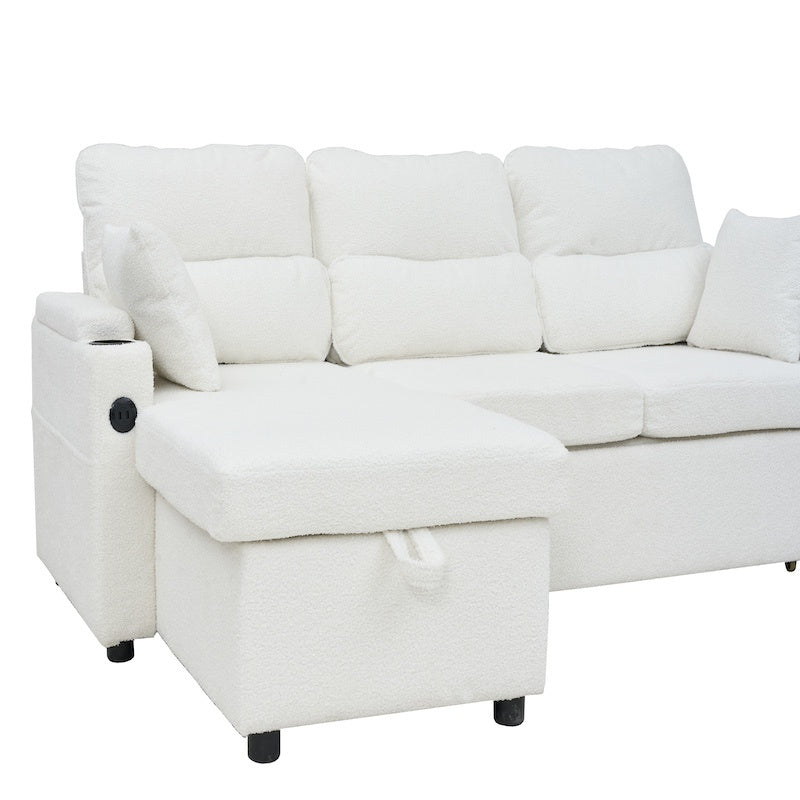 Convertible Sleeper Sofa 2 In 1, L-Shaped Couches For Living Room, Pull Out Sectional Futon Sofa Bed With Storage Space, USB Ports And Cup Holders For Bedroom