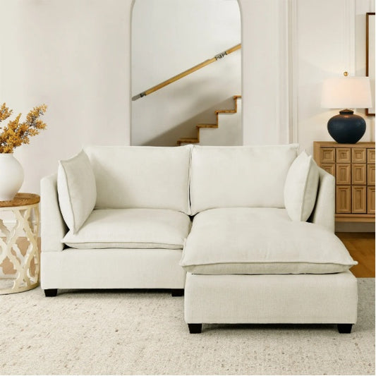 Comfy Cloud Couch Loveseat With Ottoman, Modern Chenille Love Seat Upholstered Modular Couch Sleeper For Living Room, Apartment, Studio, Office Beige White