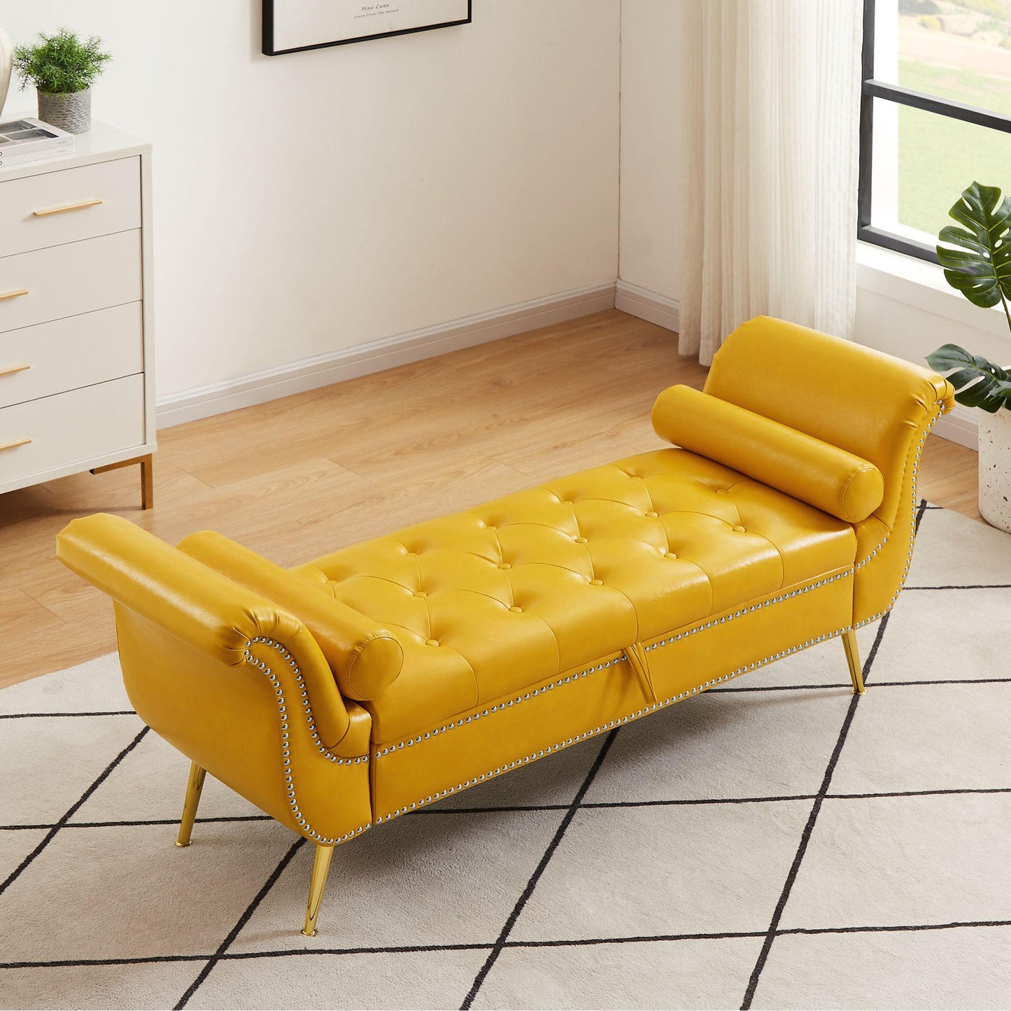 Sitting Bench PU Leather with Storage Space and 2 Pillows Hardware Feet