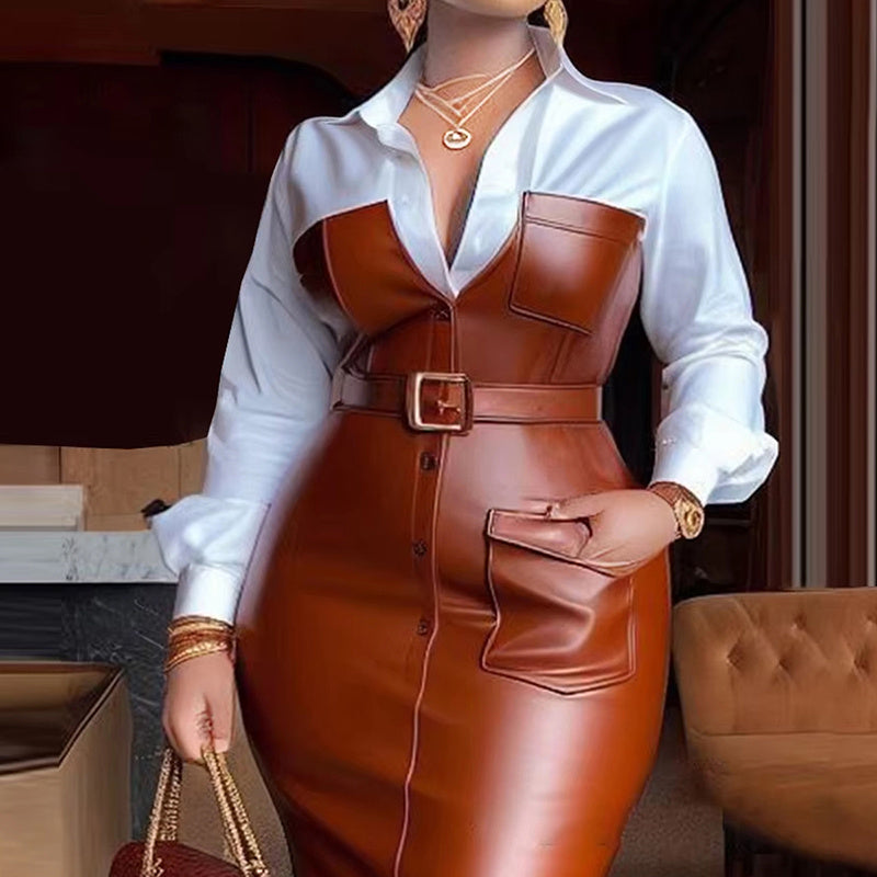 Women's Fashion V-Neck Long Sleeve Shirt Leather Trim Dress Belted Pocket Detail Bodycon Midi Dress