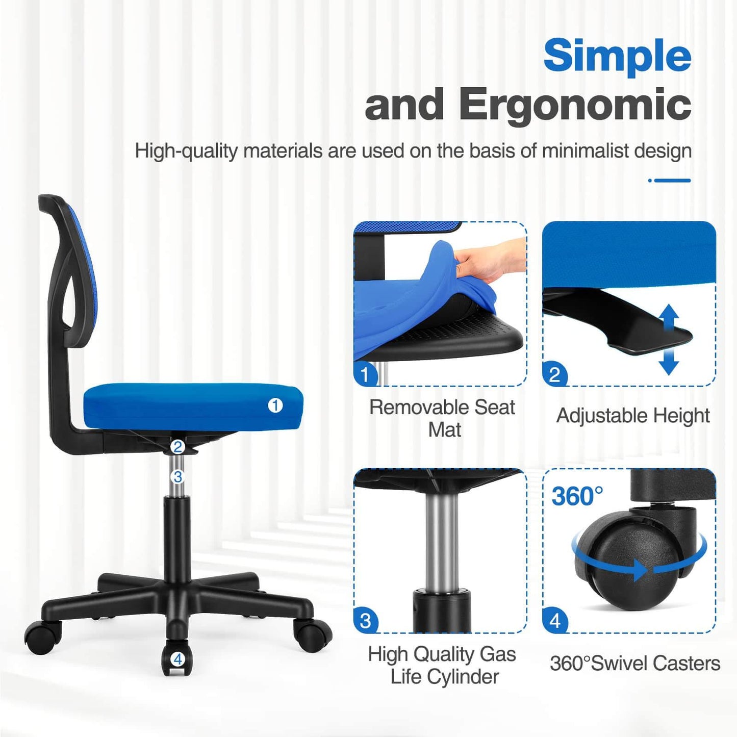 Armless Mesh Office Chair, Ergonomic Computer Desk Chair