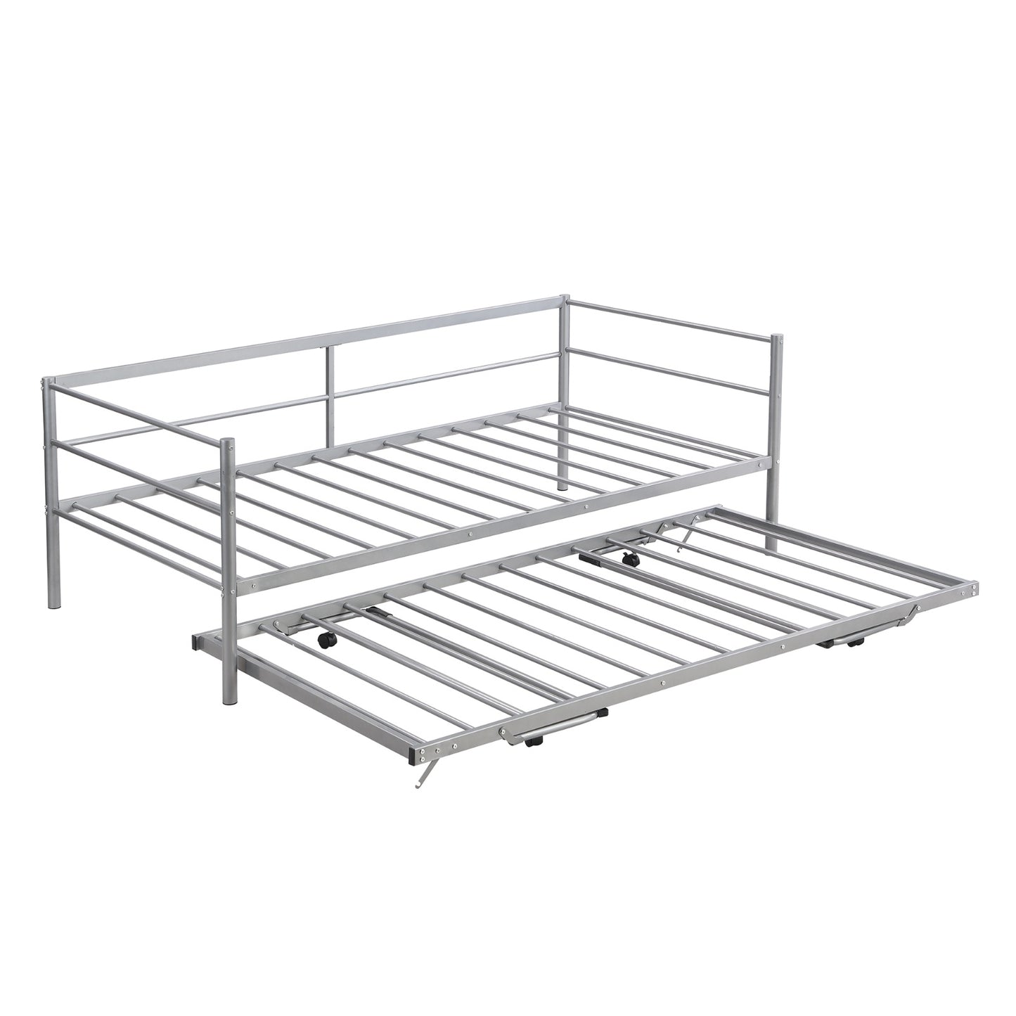 Twin Size Metal Daybed With Adjustable Trundle,  Up Trundle, Silver