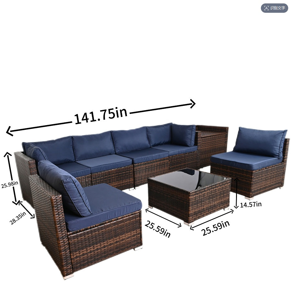 8 Pieces Outdoor Patio Furniture Set With Storage, Outdoor Wicker Rattan Patio Furniture Sectional Set With Glass Table And Hidden Storage Box