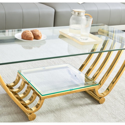 47 Rectangle Modern Stainless Steel Coffee Table, Double-Layer Clear Tempered Glass Coffee Table, Center Table Table With Storage, For Living Room Home Office, Easy Assembly, Gold