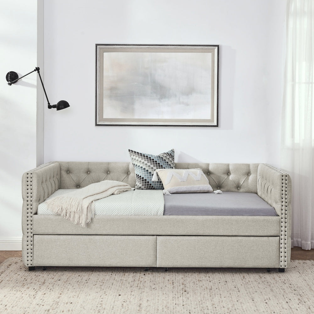 Upholstered Twin Size Daybed With Two Drawers, With Button And Copper Nail On Square Arms, Beige