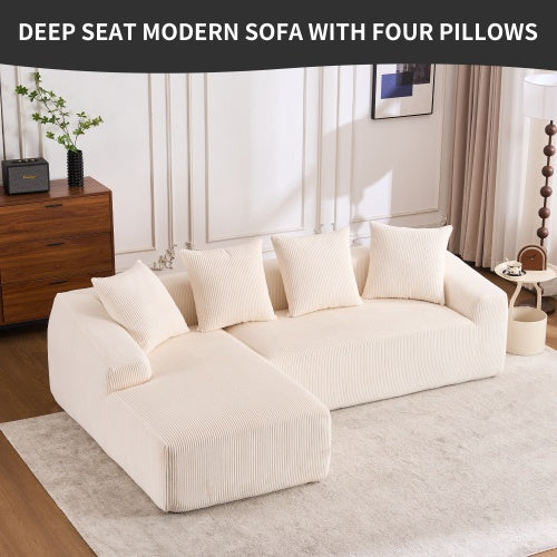 LY-023 WHITE COMPRESSION SOFA Combining Chaise Longue With 3-seater, Corduroy Fabric, Full Sponge Compression Sofa,combined Sofa With 4 Pillows For Living
