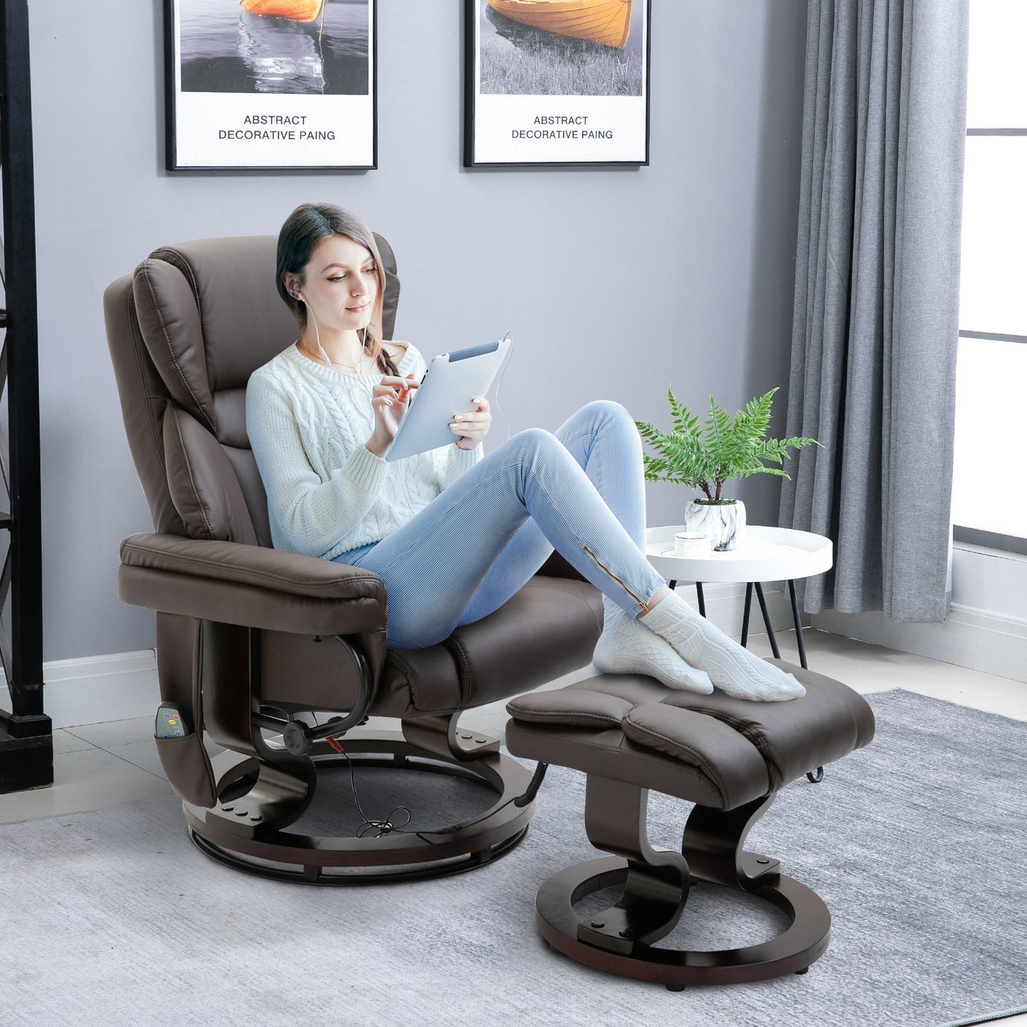 Massage Recliner Chair Brown With Ottoman 10-Point Vibrating Swivel For Bedroom & Living Room