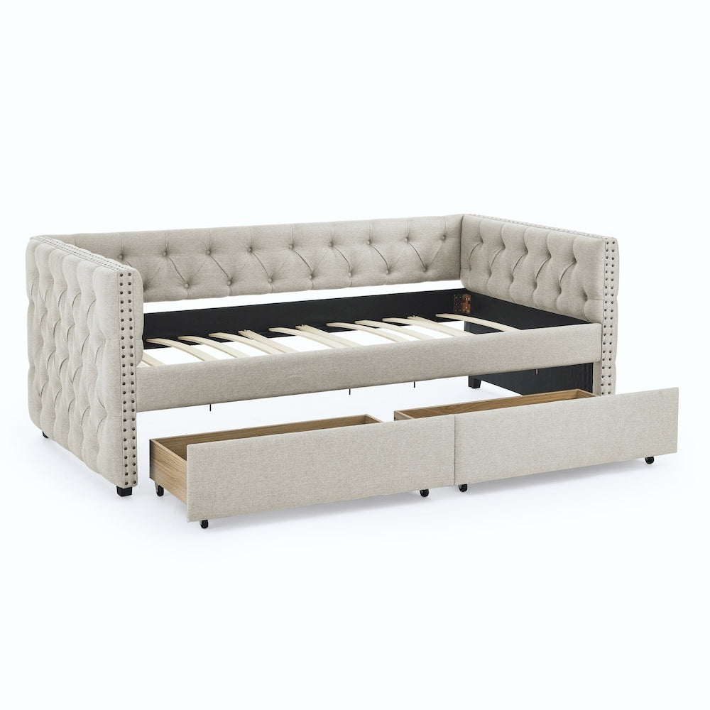 Upholstered Twin Size Daybed With Two Drawers, With Button And Copper Nail On Square Arms, Beige