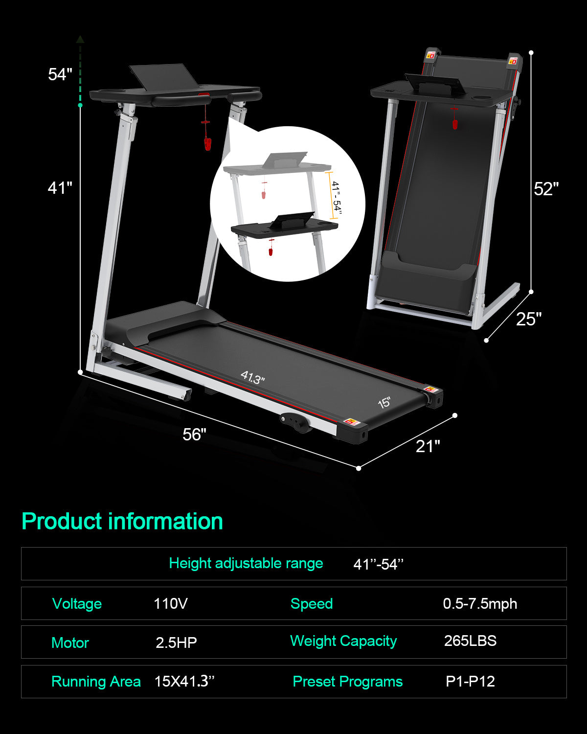 Walking Pad Under Desk Treadmill For Home Office -2.5HP Walking Treadmill 0.5-7.5MPH  Capacity Treadmill For Walking Running Remote Control Batteries
