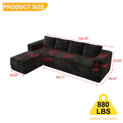 Cloud Sectional Couch With L-Shape Chaise,Modern Modular Sofa With Deep Seat, Upholstered Couches With Right Facing Chaise For Living Room Bedroom, No Assembly Required, Black Plush Corduroy Fabric
