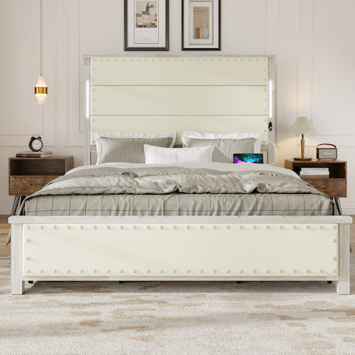 Queen Size Bed Frame With Upholstered Headboard And 4 Storage Drawers , Queen Bed Frame With Charging Station And LED Lights, Wood Slats, Beige Faux Leather & Rivets, No Box Spring Needed