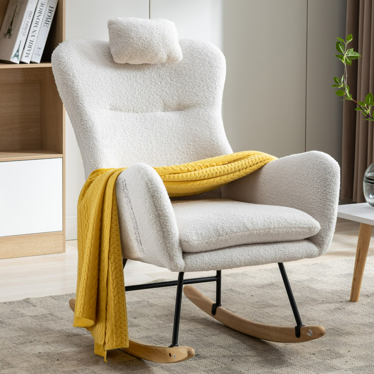 35.5 inch Rocking Chair with Pocket, Soft Teddy Fabric Rocking Chair for Nursery, Comfy Wingback Glider Rocker with Safe Solid Wood Base for Living Ro