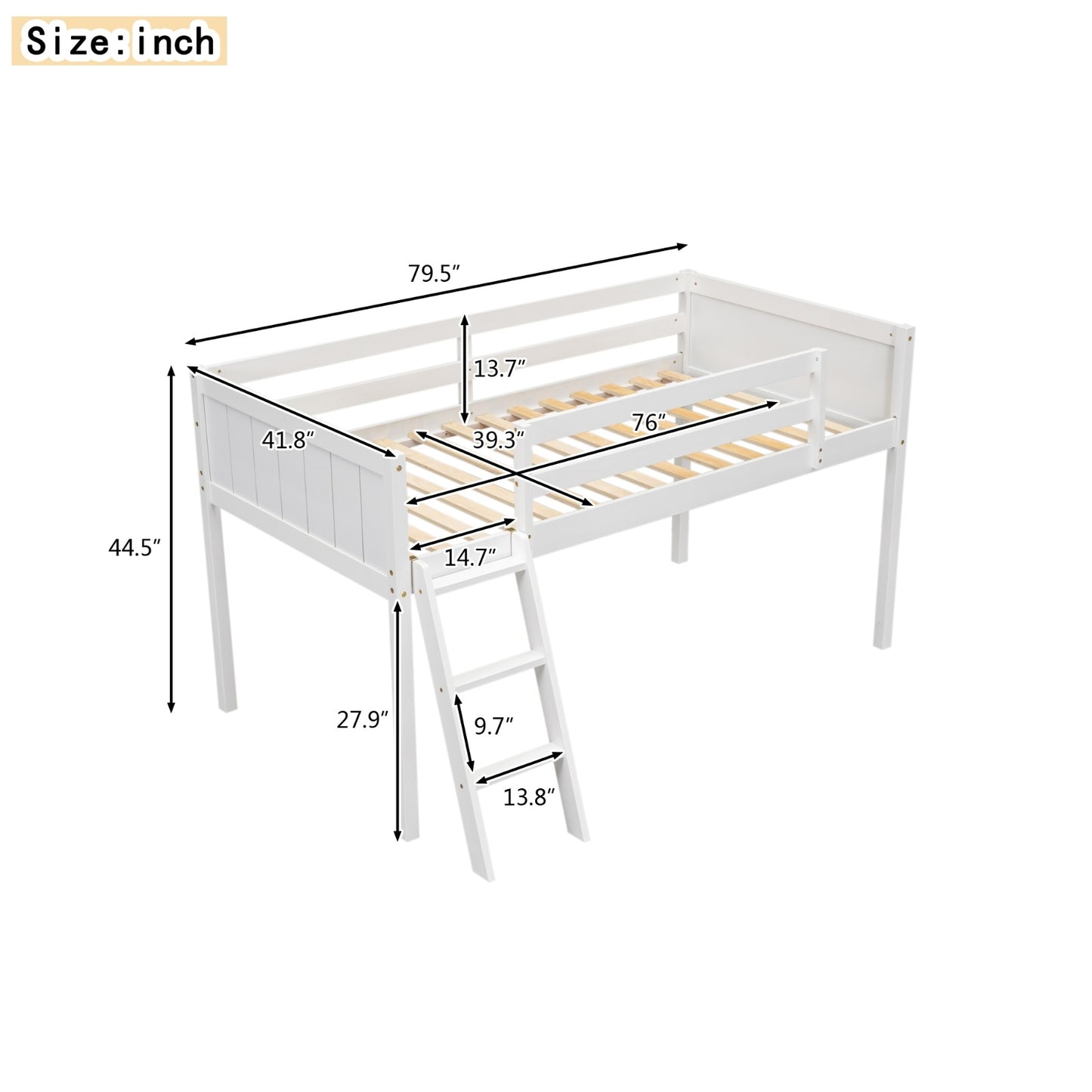 Twin Size Wood Low Loft Bed With Ladder, Ladder Can Be Placed On The Left Or Right, White