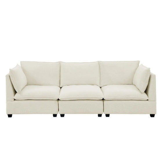 Modern Chenille Comfy Upholstered 3-Seat Sofa With 2 Lumbar Pillow, Deep Seat Sofa Sleeper For Living Room, Apartment, Office, Studio  Beige White, 3-Seat