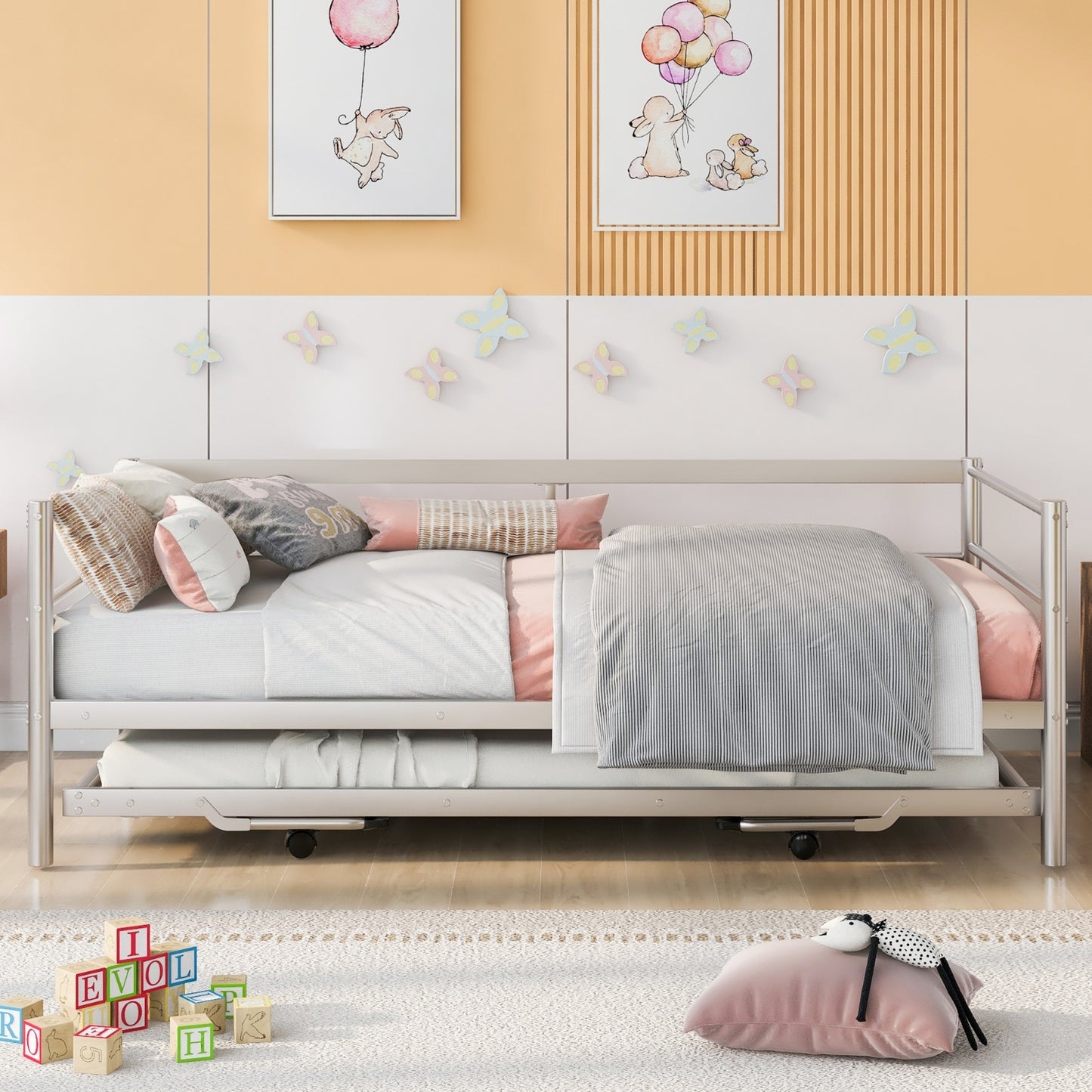 Twin Size Metal Daybed With Adjustable Trundle,  Up Trundle, Silver