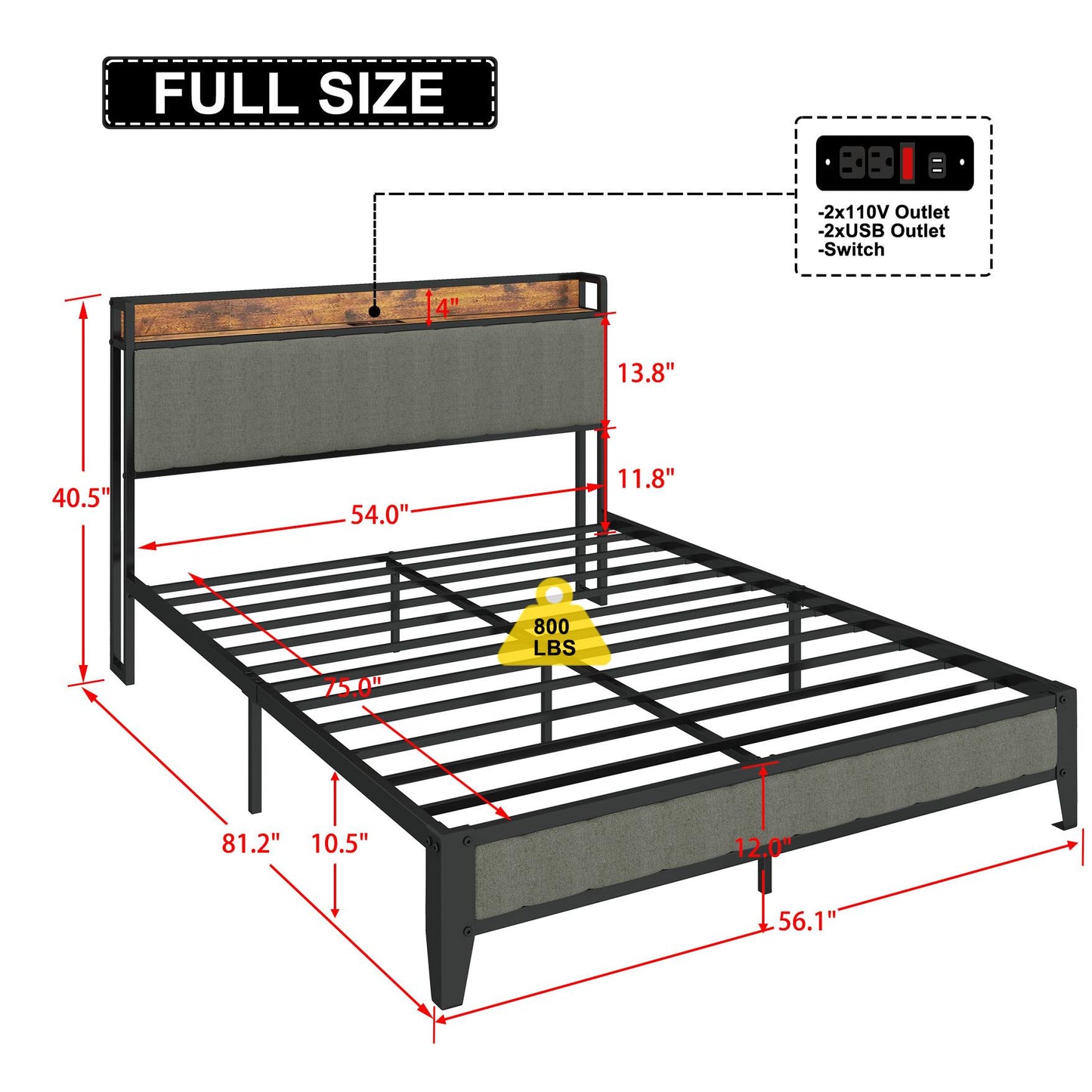 Full-Size，Full metal bed frame with charging headboard.