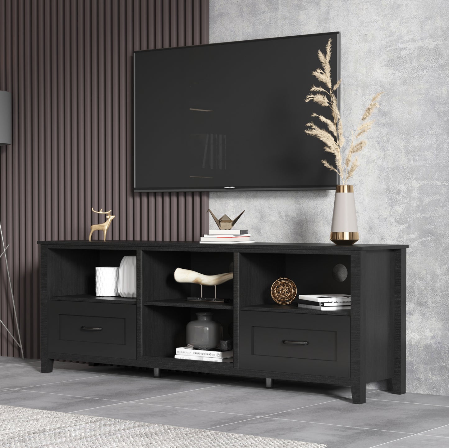 70.08Inch Length Furniture Black TV Stand for Living Room and Bedroom with 2 Drawers and 4 High Capacity Storage Compartment