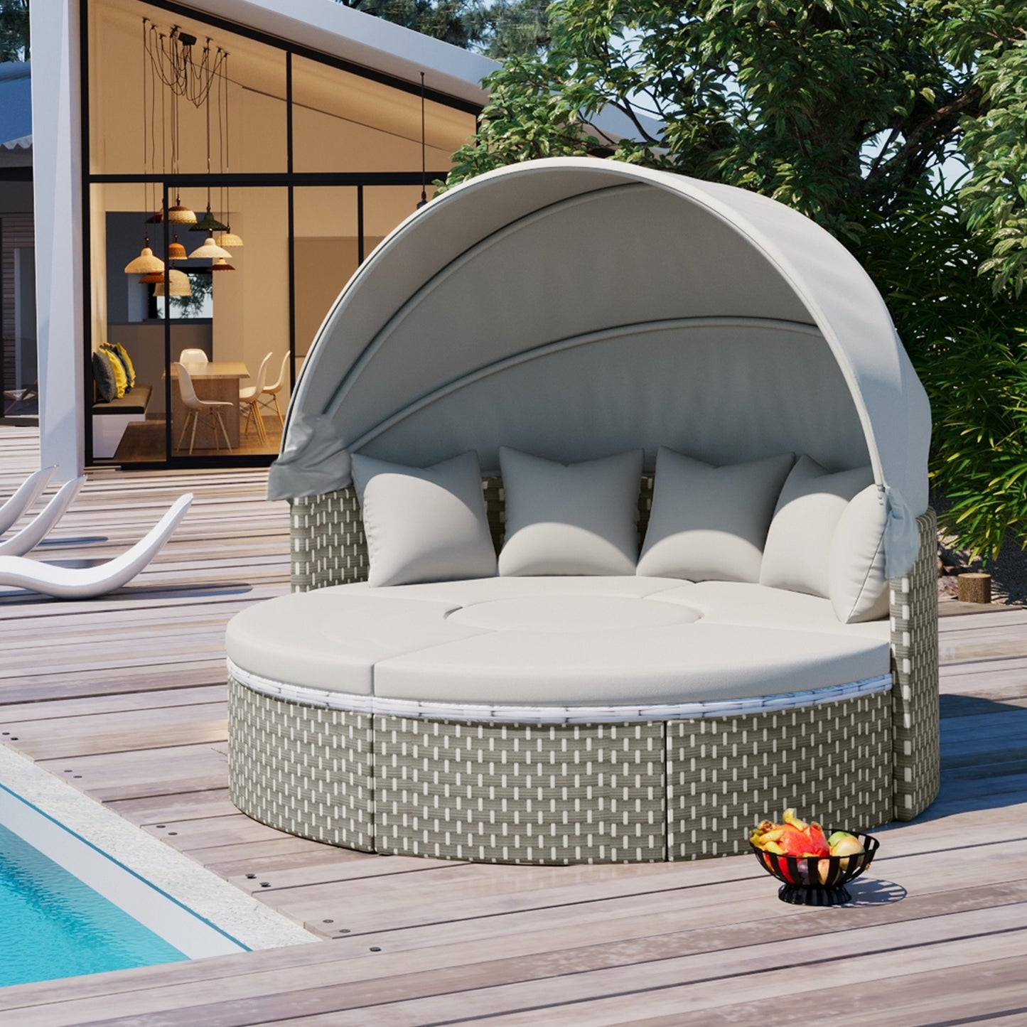 TOPMAX Patio Furniture Round Outdoor Sectional Sofa Set Rattan Daybed Two-Tone Weave Sunbed With Ret