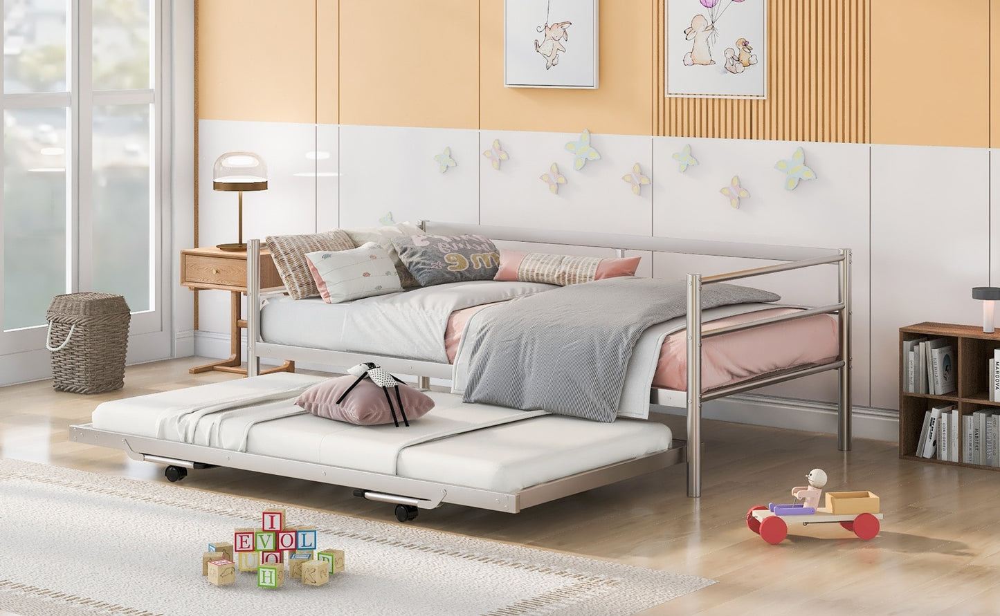 Twin Size Metal Daybed With Adjustable Trundle,  Up Trundle, Silver