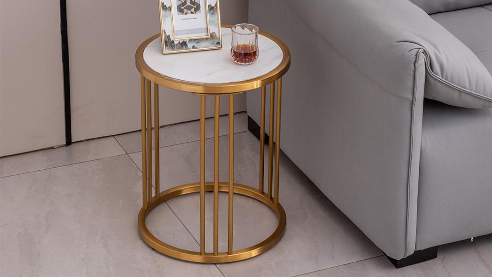 Sintered stone round side/end table with golden stainless steel frame