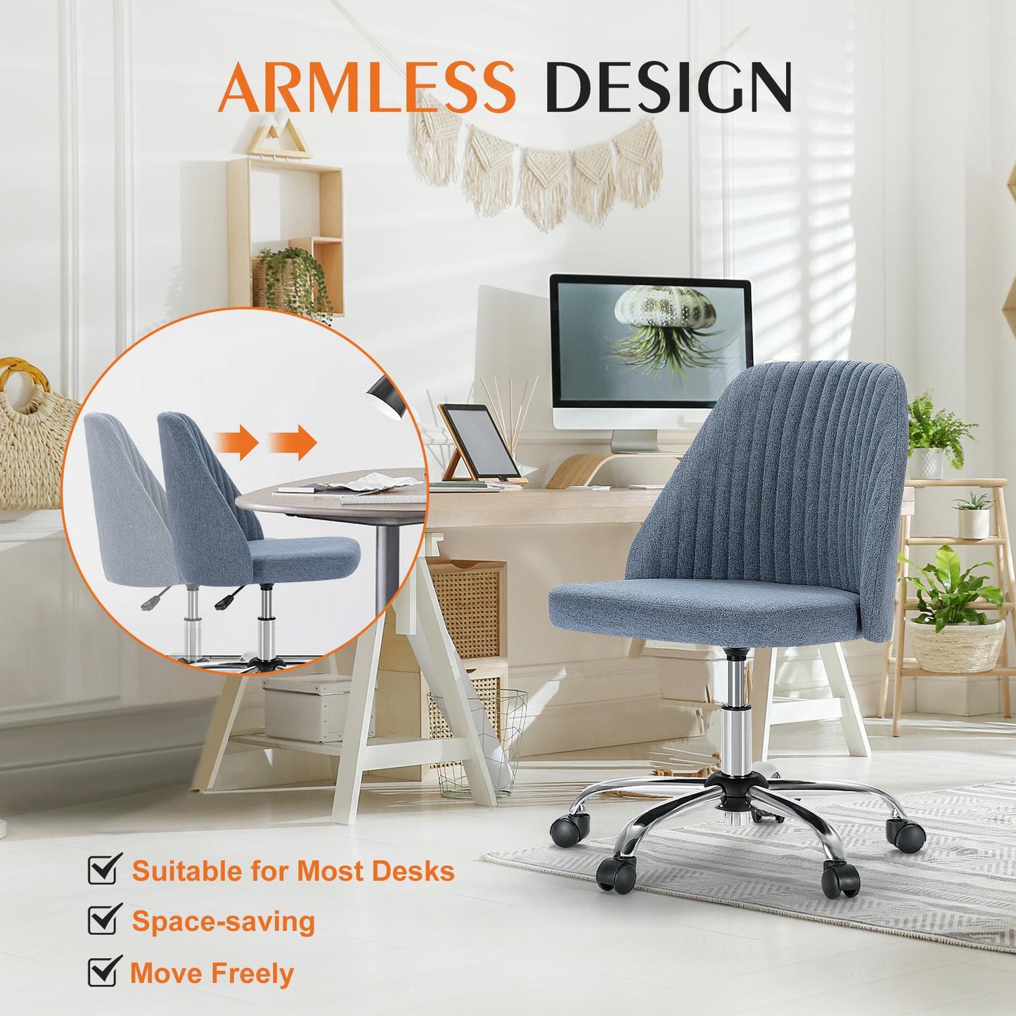 Home Office Desk Chair - Adjustable Rolling Chair, Armless Cute Modern Task Chair for