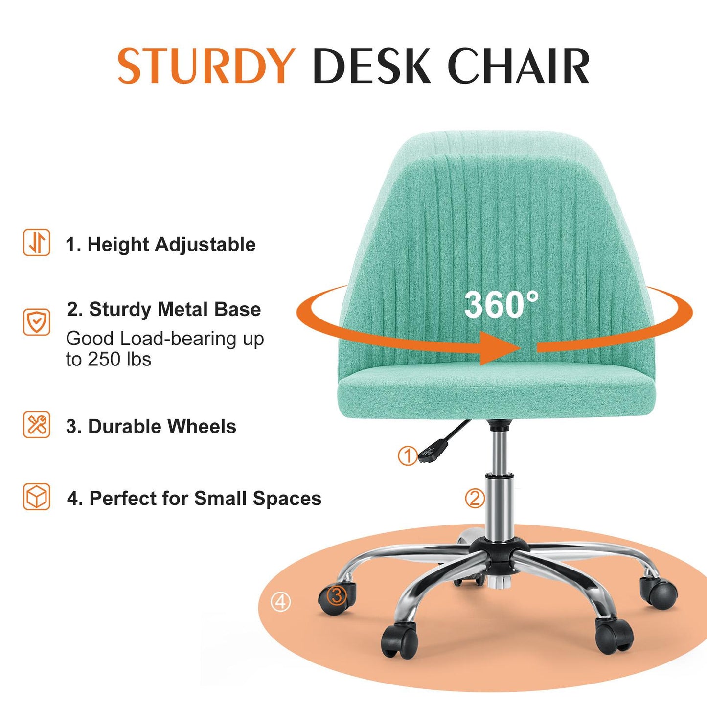 Home Office Desk Chair - Adjustable Rolling Chair, Armless Cute Modern Task Chair for