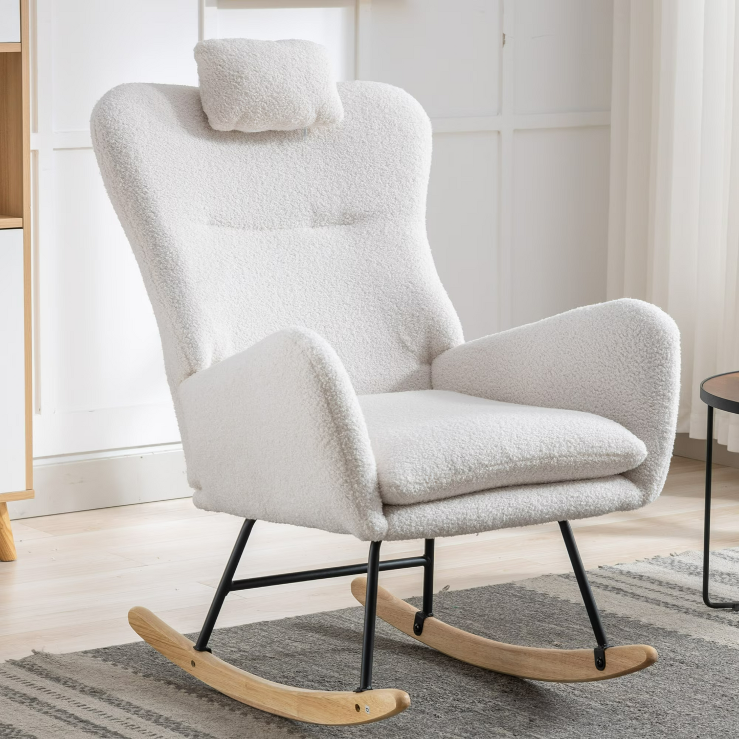 35.5 inch Rocking Chair with Pocket, Soft Teddy Fabric Rocking Chair for Nursery, Comfy Wingback Glider Rocker with Safe Solid Wood Base for Living Ro