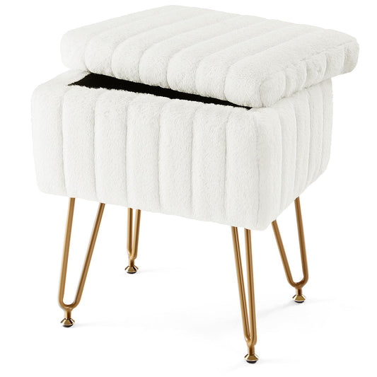 Vanity Stool Chair with Storage, Ottoman Faux Fur Soft Padded Makeup Footstools Seat with 4 Metal Legs Anti-Slip Adjustable Feet Modern