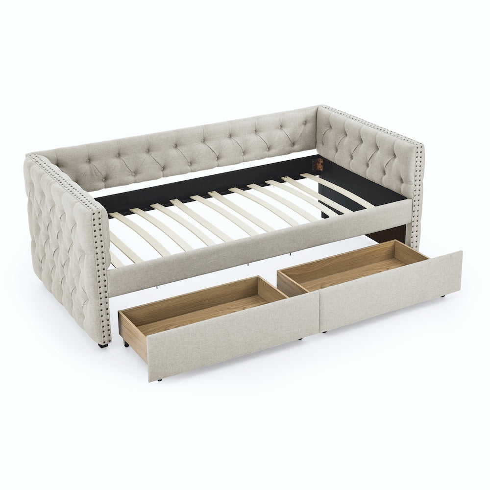Upholstered Twin Size Daybed With Two Drawers, With Button And Copper Nail On Square Arms, Beige