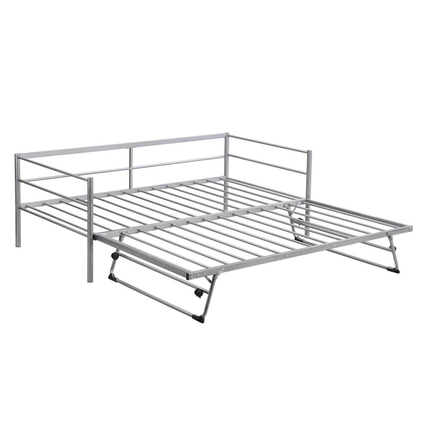 Twin Size Metal Daybed With Adjustable Trundle,  Up Trundle, Silver