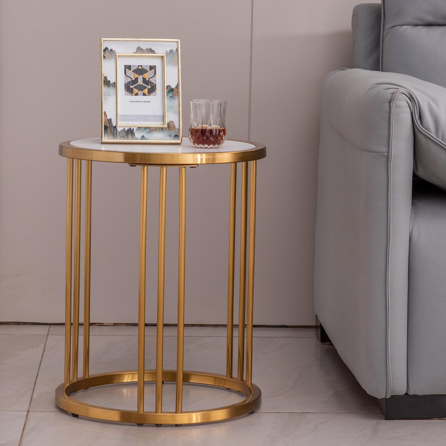 Sintered stone round side/end table with golden stainless steel frame