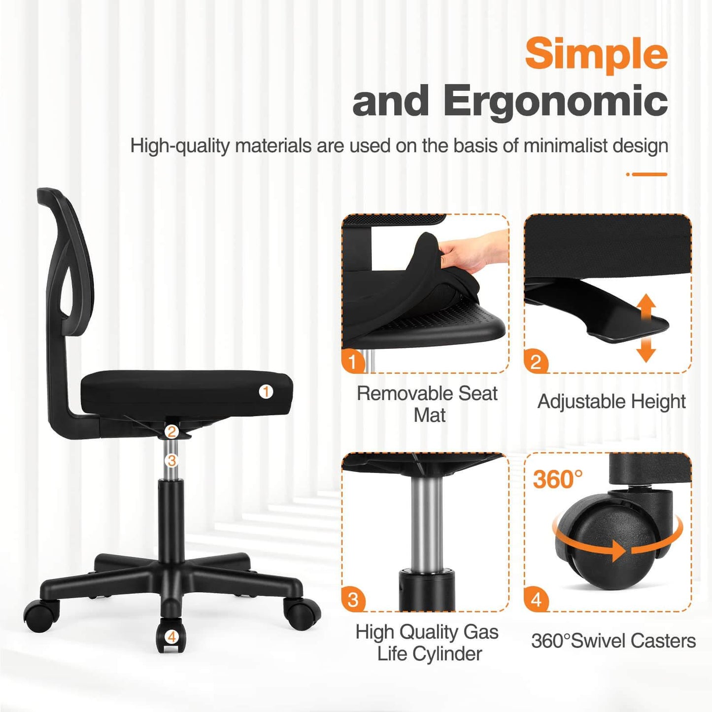 Armless Mesh Office Chair, Ergonomic Computer Desk Chair