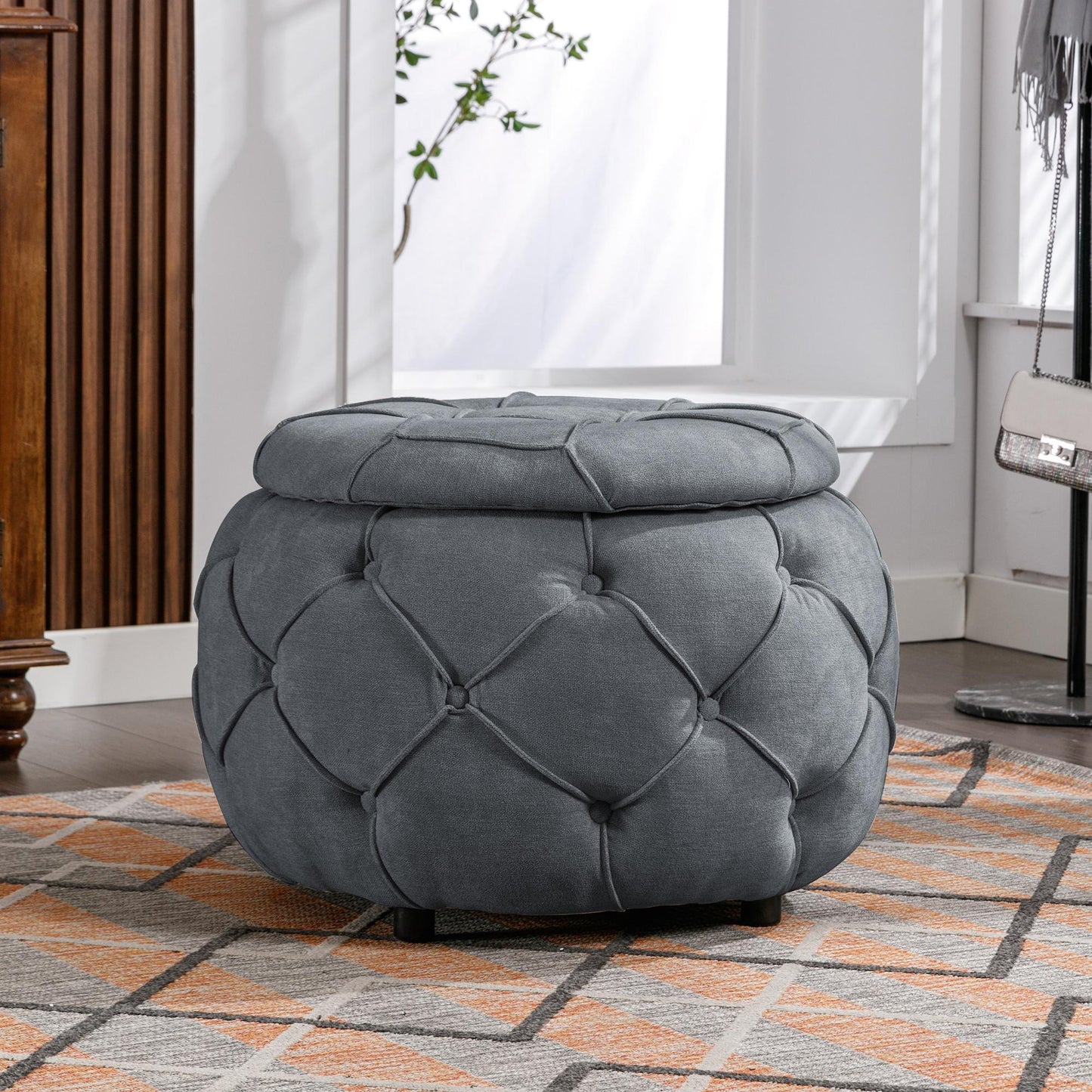 Large Button Tufted Woven Round Storage Footstool。Suitable for living room, bedroom, study