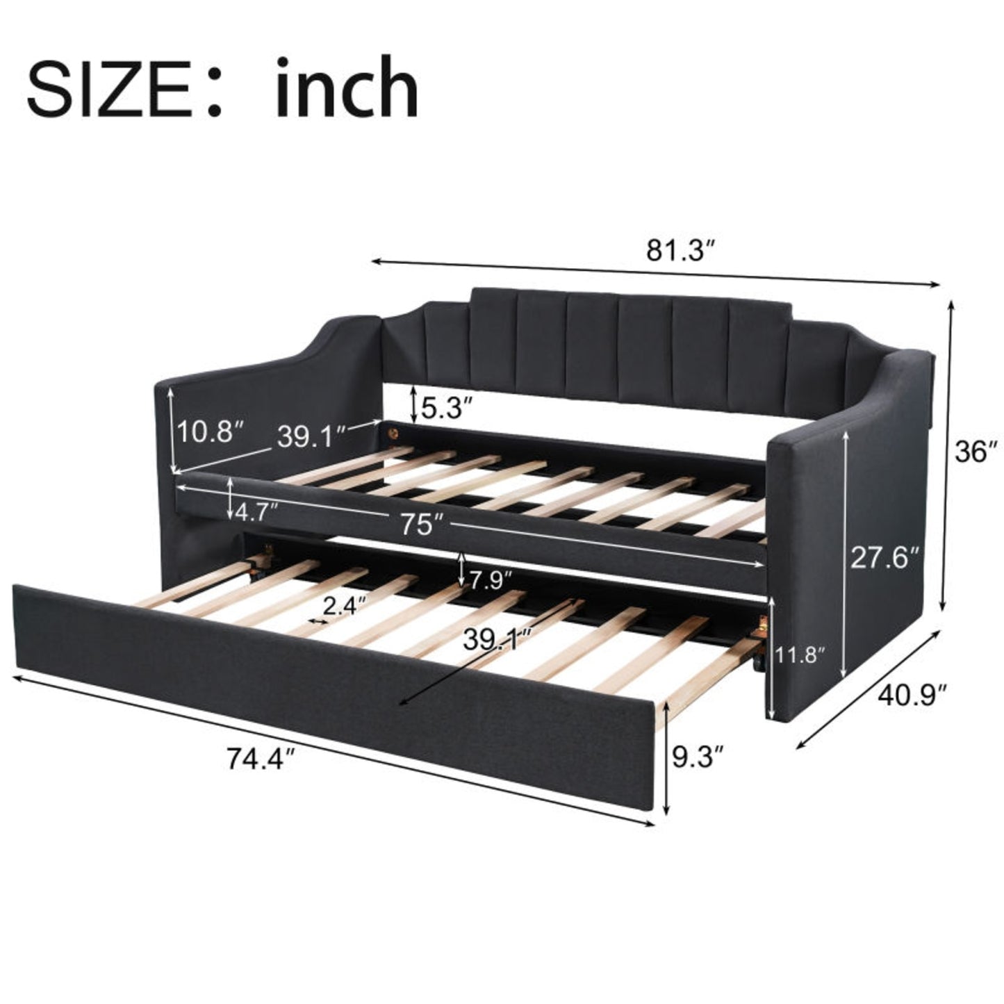 Upholstered Twin Daybed With Trundle,Black
