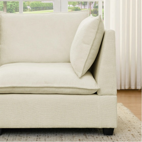 Modern Chenille Comfy Upholstered 3-Seat Sofa With 2 Lumbar Pillow, Deep Seat Sofa Sleeper For Living Room, Apartment, Office, Studio  Beige White, 3-Seat