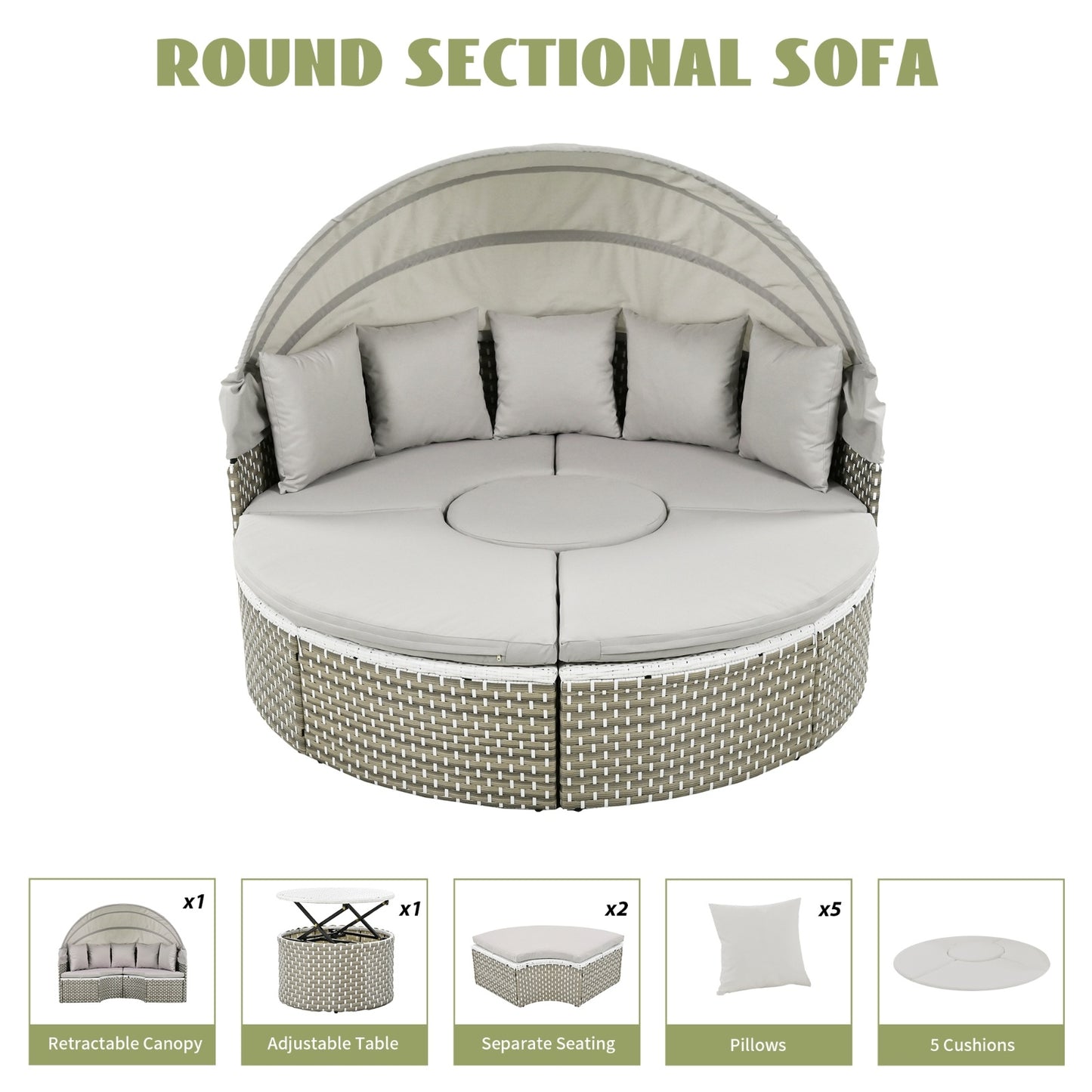 TOPMAX Patio Furniture Round Outdoor Sectional Sofa Set Rattan Daybed Two-Tone Weave Sunbed With Ret