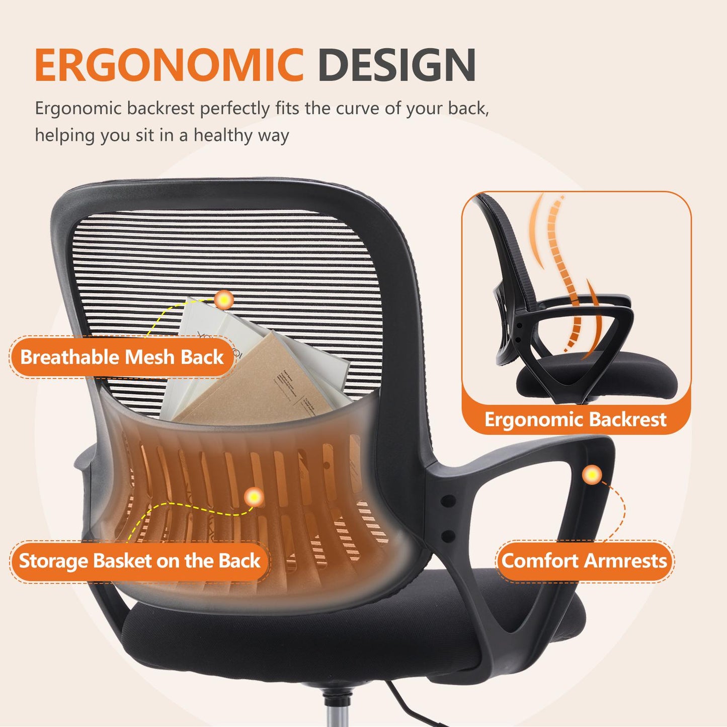 Ergonomic Office Home Desk Mesh Fixed Armrest