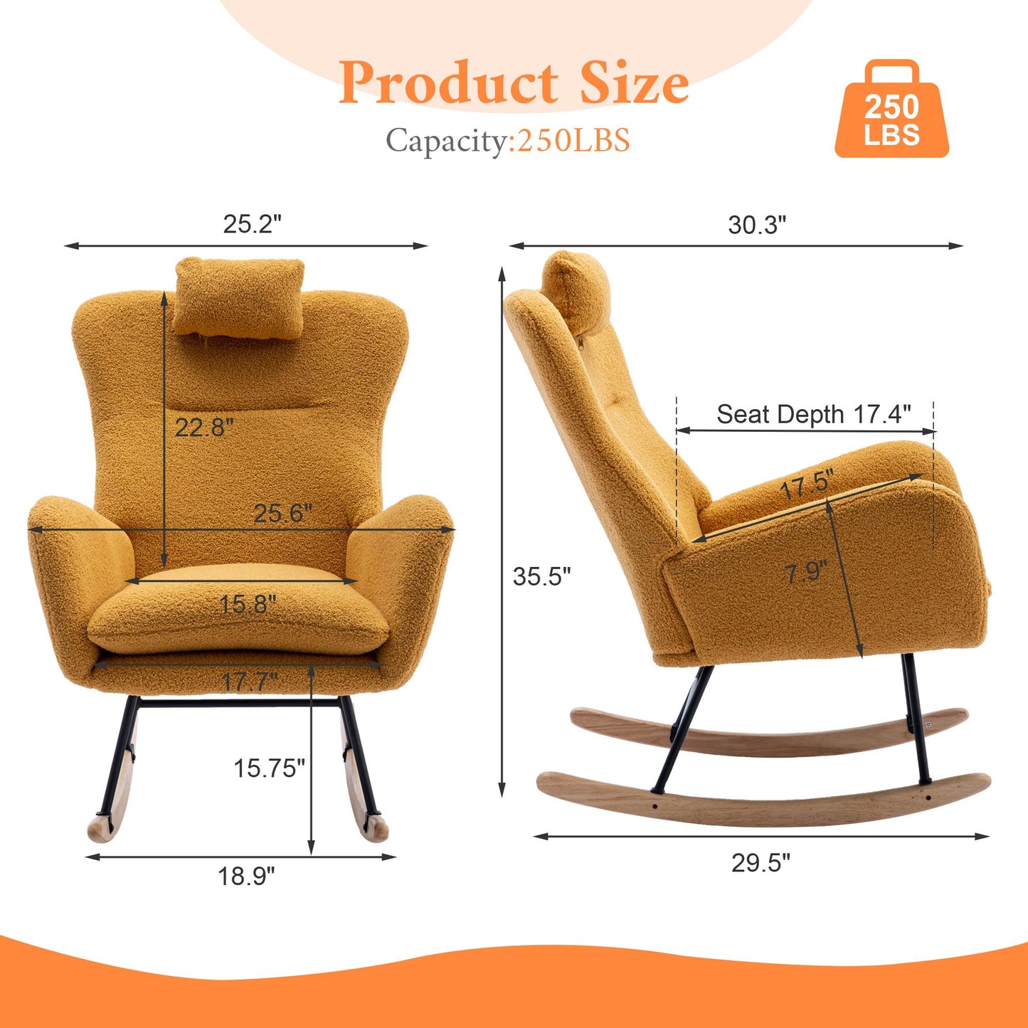 35.5 inch Rocking Chair with Pocket, Soft Teddy Fabric Rocking Chair for Nursery, Comfy Wingback Glider Rocker with Safe Solid Wood Base for Living Ro