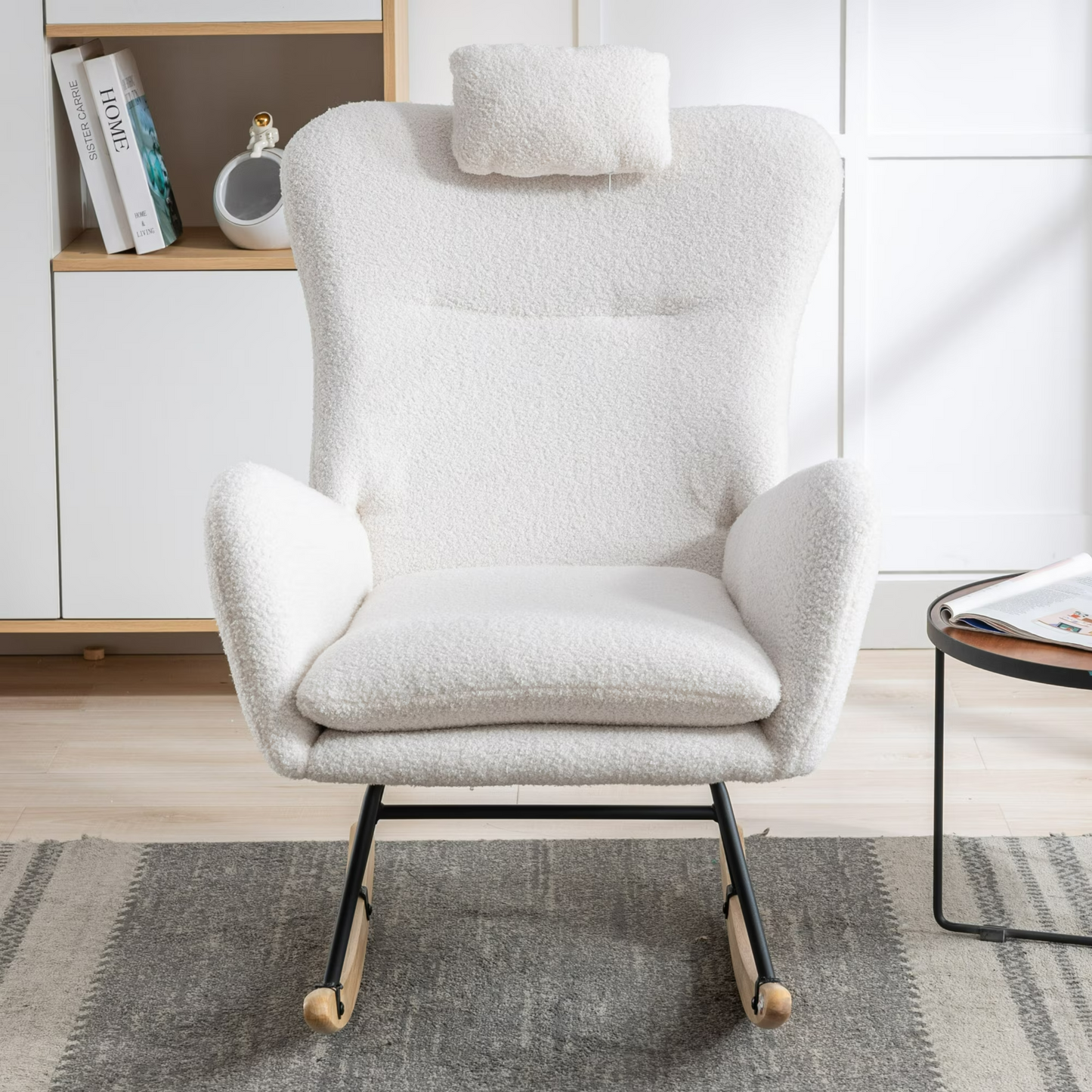 35.5 inch Rocking Chair with Pocket, Soft Teddy Fabric Rocking Chair for Nursery, Comfy Wingback Glider Rocker with Safe Solid Wood Base for Living Ro