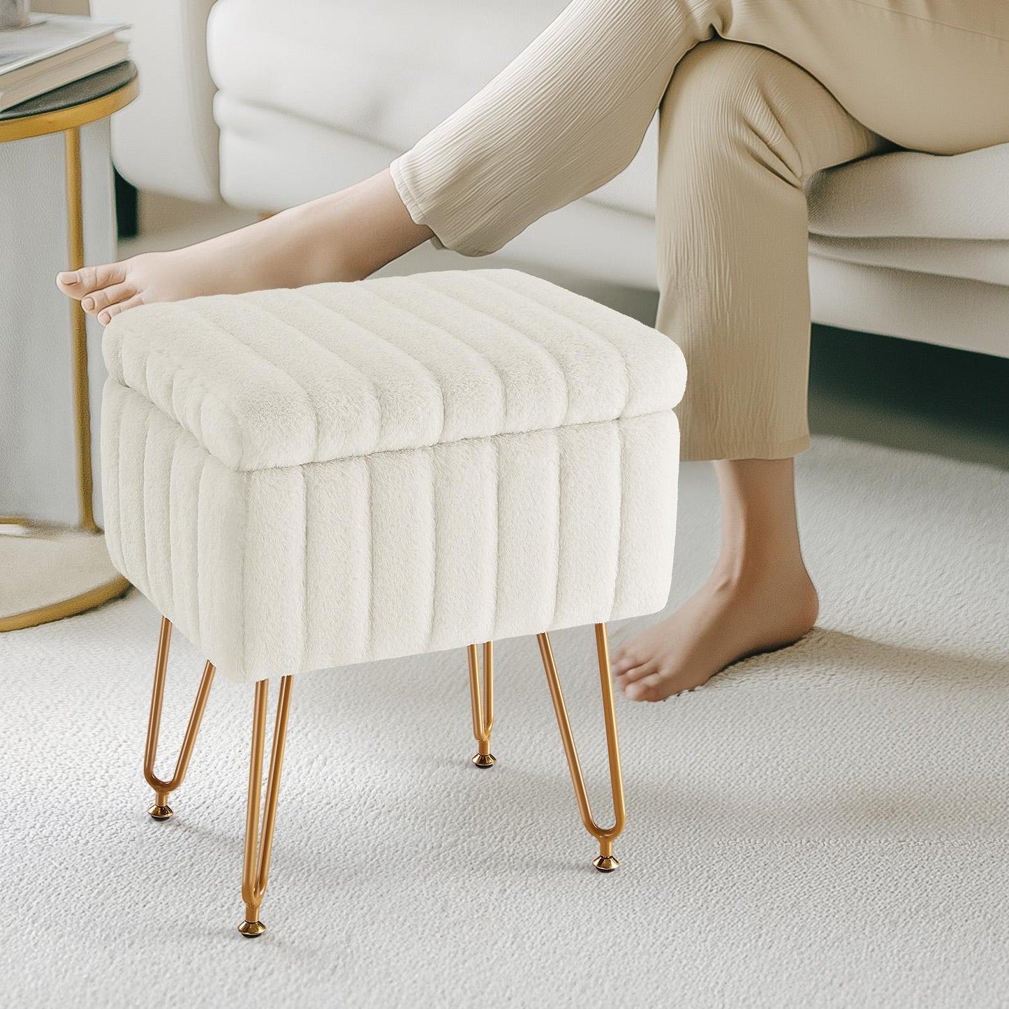 Vanity Stool Chair with Storage, Ottoman Faux Fur Soft Padded Makeup Footstools Seat with 4 Metal Legs Anti-Slip Adjustable Feet Modern