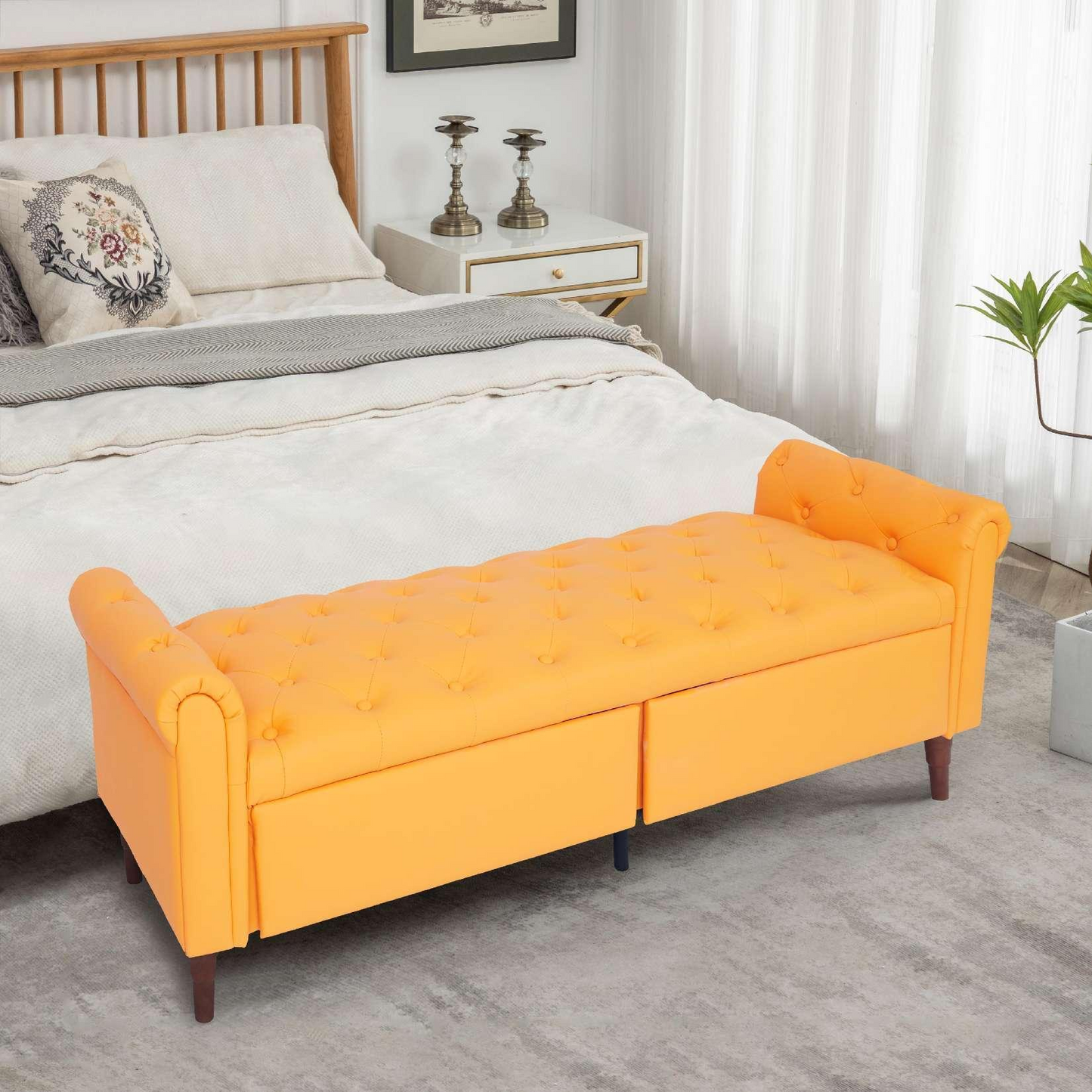 Storage PU Ottoman Bench with 2 Drawers for Bedroom End of Bed