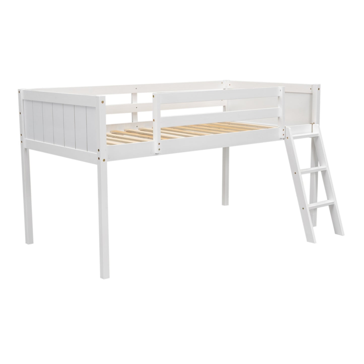 Twin Size Wood Low Loft Bed With Ladder, Ladder Can Be Placed On The Left Or Right, White